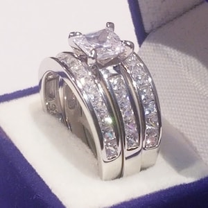 Princess Certified Moissanite Diamond double matching half eternity Bands Engagement ring Wedding set Platinum finish 925 Solid Sterling