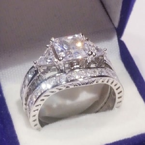 3 Ct Princess Engagement Ring Bridal Wedding ring Set Antique Style 14k White gold finish Diamonds simulated,925 Solid Sterling Silver