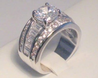 Clearance Sale Round Solitaire Baguette Engagement ring, Bridal Promise ring, cz stainless steel, Anniversary ring, Travel Jewelry,wide band