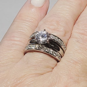 2.50 Ct Round Solitaire Engagement Ring,925 Sterling Silver,Princess eternity bands ,Diamonds simulated,Double band setting, Bridal ring set