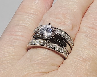 2.50 Ct Round Solitaire Engagement Ring,925 Sterling Silver,Princess eternity bands ,Diamonds simulated,Double band setting, Bridal ring set
