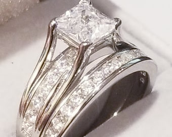 Clearance Sale 2.50 Ct Princess cut Solitaire Engagement ring, half Eternity Band, Wedding Ring set, Stainless Steel, Channel set