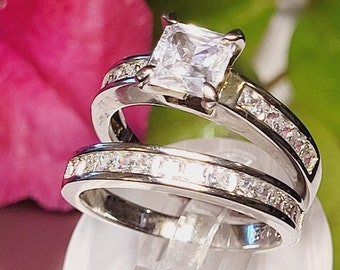 2.50 Ct Princess cut Engagement Wedding rings, Sterling Silver, Diamonds simulated, Bridal set, womens promise ring, minimalist