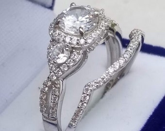 2.00 Ct Round Halo Engagement Ring Wedding set Infinity Wedding band Antique Style Minimalist design 925 Solid Sterling Simulated Diamonds