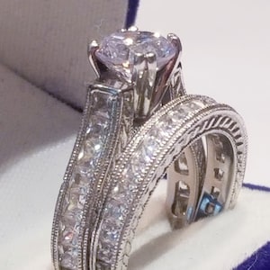 3 Ct Princess and Round Antique Style Engagement Ring Wedding Band Set Diamonds simulated 925 Sterling Channel setting Half eternity Band
