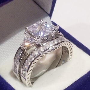 3.50 Ct Princess cut Engagement Ring, Bridal Wedding Set, White Gold finish, 925 Sterling Silver, Diamonds Simulated, Anniversary ring set