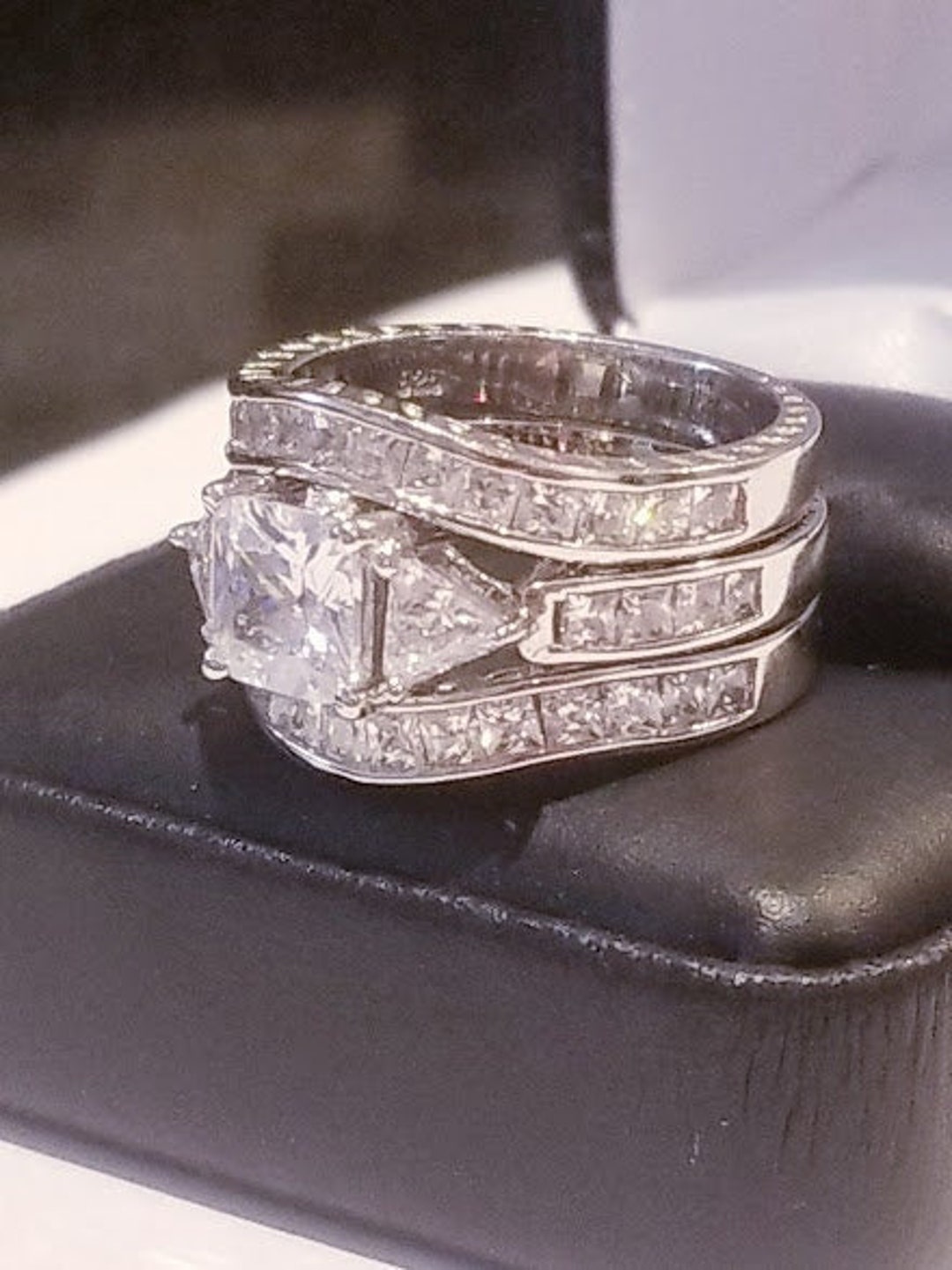 4 Ct Princess Cut Engagement Ring Double Band Wedding Ring Set Diamond ...