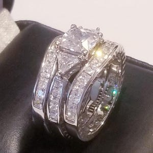 4 ct Princess cut Engagement Ring, Double Band, Bridal Wedding Set,Simulated Diamonds,  Sterling Silver, Womens ring Set, Half Eternity Ring