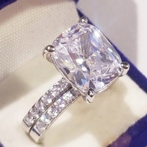 5.00 St Cushion cut Engagement Ring, Wedding Band Set, Bridal Wedding Ring set, Diamonds simulated, 925 Solid Sterling, Half Eternity Bands