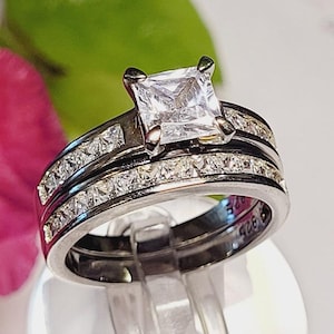 2.20 Ct Real Princess cut Certified Moissanite Diamonds half eternity Bands Engagement ring Wedding set White Gold finish 925 Solid Sterling