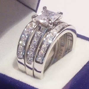 Princess cut Certified Moissanite Diamond Wedding set, Two matching Bands, Engagement ring Wedding set, Platinum finish, Sterling Silver