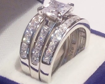 Princess cut Certified Moissanite Diamond Wedding set, Two matching Bands, Engagement ring Wedding set, Platinum finish, Sterling Silver