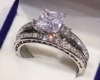 2 Ct Princess Three stone Engagement ring Wedding set half Eternity Band Bridal Wedding ring set cz Stainless Steel Minimalist Antique Style