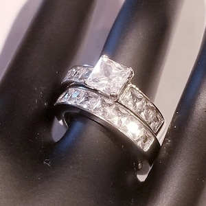 3.50 Ct Princess Solitaire Engagement ring Wedding set, half Eternity Band, Bridal Wedding ring set cz Stainless Steel, Channel set style