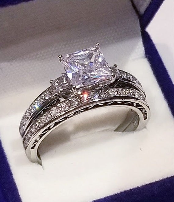 Clearance Sale 2.50 ct Princess Solitaire Engagement Ring Half Eternity Band Wedding Ring Set CZ Stainless Steel Minimalist Antique Style