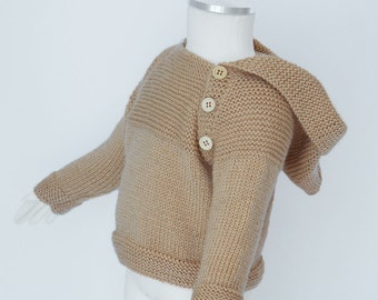 Knit Baby Sweater Hoodie - Beige knitted Sweater for boy/girl - Baby Wool - Handmade Minimalist Kids Sweater - Sizes: from 3 to 12 months