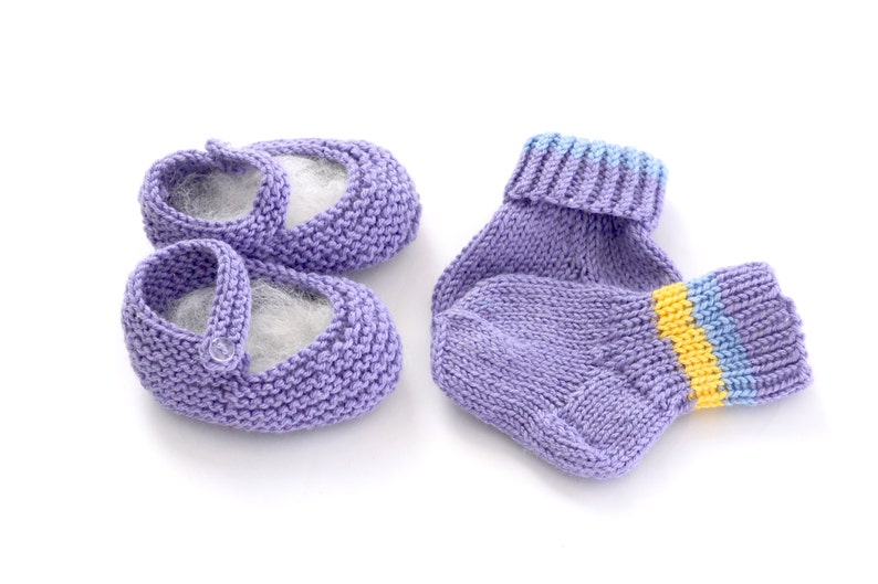 Ready to Ship Hand Knit Socks /& Booties Set for Baby Lavender Wool 0-6 Months