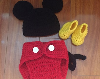 Gehäkelte Mickey inspiriertes 3-teiliges Babykostüm