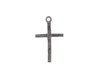 Pave Diamond Small Cross Charm Pendant 925 Sterling Silver - 28 x 17mm