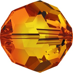 May include: A round, faceted glass bead with a bright orange and yellow color gradient. The bead has a high shine and is designed for jewelry making.