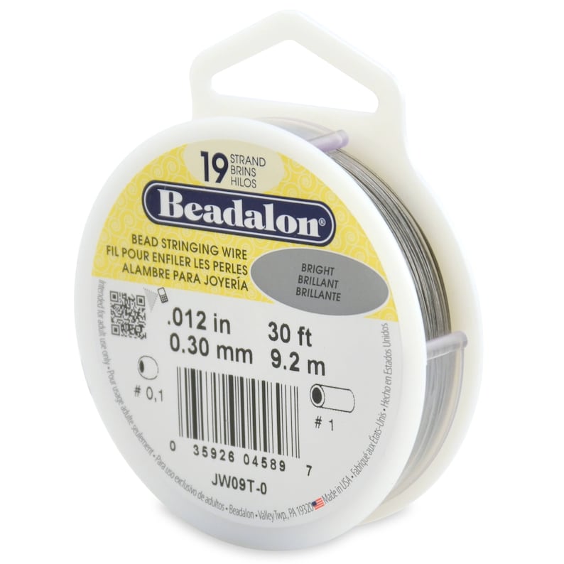 May include: A spool of 19 strand Beadalon bead stringing wire. The wire is 0.012 inches (0.30 mm) thick and 30 feet (9.2 meters) long. The spool is labeled "Beadalon Bead Stringing Wire" and "Bright Brilliant Brillante".