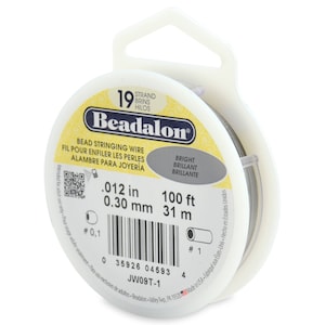 May include: A spool of 19 strand Beadalon bead stringing wire in a clear plastic container with a white label. The label says .012 in 0.30 mm 100 ft 31 m, Bright, Brillant, Brillante, JW09T-1, and has a barcode.