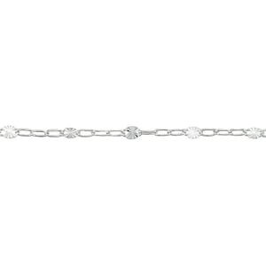 May include: A delicate silver chain necklace with alternating oval and circular, starburst-patterned links. The necklace is displayed against a white background, highlighting its intricate design and reflective surface. This piece is suitable for everyday wear or special occasions.