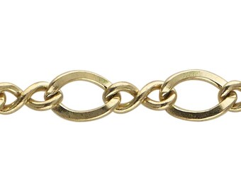 May include: Gold chain with oval links. The chain is made of a smooth, shiny metal.