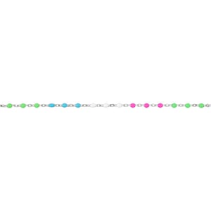 May include: A silver chain necklace with alternating green, blue, white, pink, and green beads.