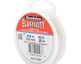 May include: A spool of clear Beadalon Elasticity elastic cord, 82 feet (25 meters) long, with a diameter of 0.032 inches (0.8 mm). The spool is labeled with the brand name, product name, and measurements.
