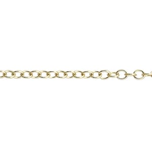 May include: A gold chain necklace with a delicate, oval-shaped link design.