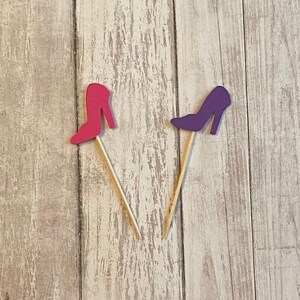 24 pink and purple high heel toothpicks,wedding shower, birthday decor, bachelorette, appetizer picks, food picks, cupcake toppers image 1