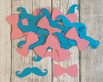 100 gender reveal confetti, mustache or bow, beau or bow, gender reveal party, gender reveal table decor, pink and blue gender reveal