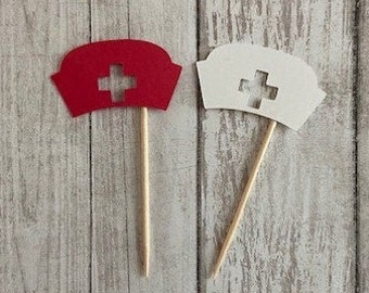 24 Assorted Nurse Hat Toothpicks, Nurse Theme Cupcake Toppers, Baby Shower, Nurse Graduation Theme, Appetizer Picks, Nurse  birthday