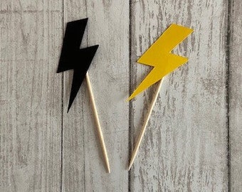 24 Assorted Lightning Bolt Toothpicks, Super Hero Cupcake Toppers, Baby Shower, Wizard Theme, Appetizer Picks, Super Hero birthday