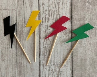 24 Assorted Lightning Bolt Toothpicks, Super Hero Cupcake Toppers, Baby Shower, Wizard Theme, Appetizer Picks, Super Hero birthday