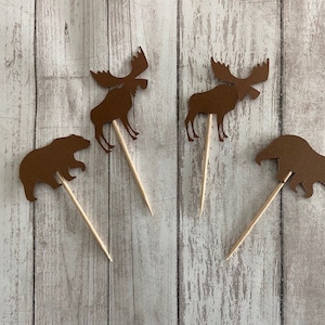 24 Assorted Bear and Moose Toothpicks, woodland Cupcake Toppers, woodland Baby Shower, Woodland Theme, Appetizer Picks, Woodland birthday