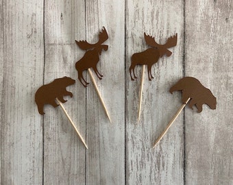 24 Assorted Bear and Moose Toothpicks, woodland Cupcake Toppers, woodland Baby Shower, Woodland Theme, Appetizer Picks, Woodland birthday