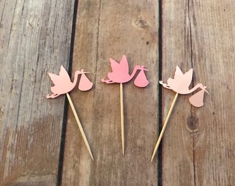 24 assorted pink baby stork toothpicks, baby shower, baby girl shower, appetizer picks, food picks, cupcake toppers