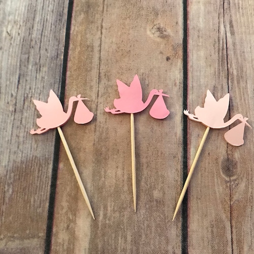 24 assorted pink baby stork toothpicks, baby shower, baby girl shower, appetizer picks, food picks, cupcake toppers