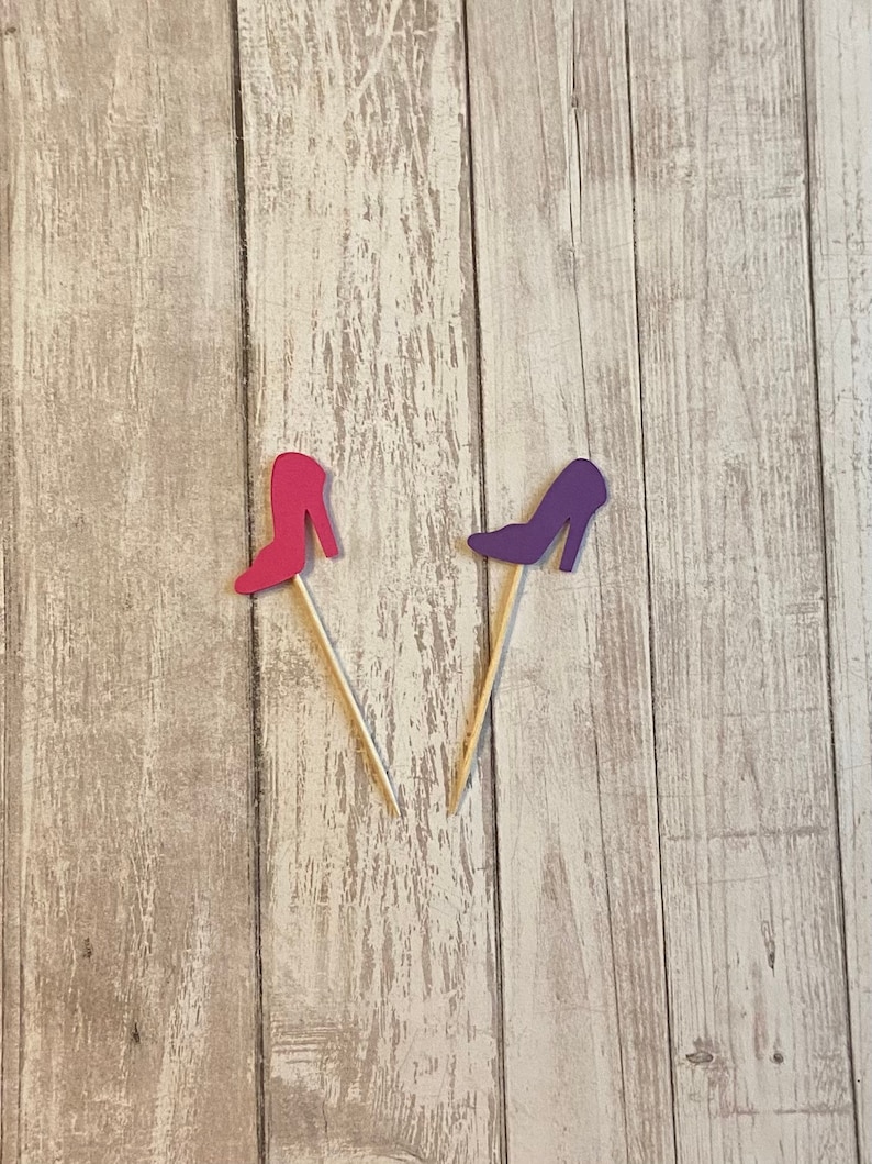 24 pink and purple high heel toothpicks,wedding shower, birthday decor, bachelorette, appetizer picks, food picks, cupcake toppers image 1