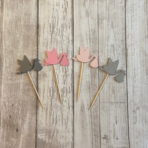 24 assorted pink and grey baby stork toothpicks, baby shower, baby girl shower, appetizer picks, food picks, cupcake toppers