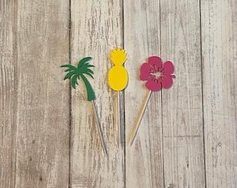 24 luau theme toothpicks, luau baby shower, luau birthday, luau decor, luau party, appetizer picks, food picks, luau cupcake topper