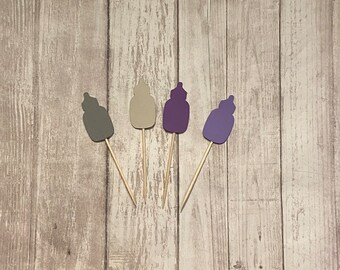 24 purple baby bottle toothpicks, baby shower, girl baby shower toothpicks, appetizer picks, food picks, baby bottle cupcake toppers