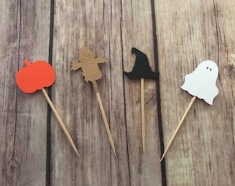 24 assorted halloween toothpicks, halloween baby shower, birthday party, halloween party, appetizer picks, food picks, cupcake toppers