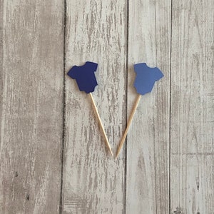 24 assorted blue baby bodysuit toothpicks, baby shower, baby boy shower, appetizer picks, food picks, cupcake toppers