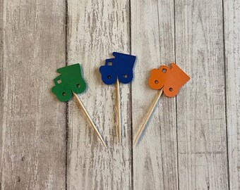 24 dump truck toothpicks, construction baby shower, construction birthday, construction party, appetizer picks, food picks, cupcake toppers