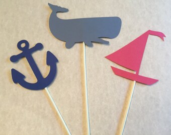 Set of 3 Nautical Theme Centerpieces - cake toppers, Nautical party, birthday party, ahoy its a boy baby shower, nautical decorations