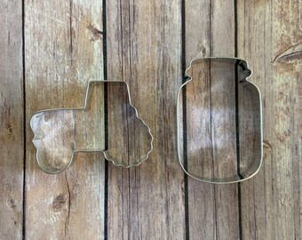 set of 2 tractor and mason jar cookie cutter - baking supply, birthday party, cookie supply, baby shower, rustic wedding, rustic theme