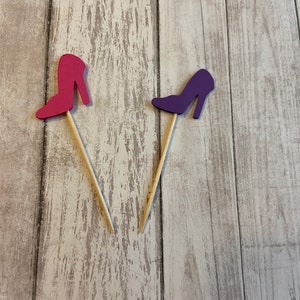 24 pink and purple high heel toothpicks,wedding shower, birthday decor, bachelorette, appetizer picks, food picks, cupcake toppers image 2